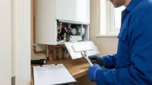 Tecnico esegue la manutenzione obbligatoria di una caldaia domestica