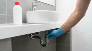 Una persona con guanto controlla il sifone del lavandino in un bagno moderno