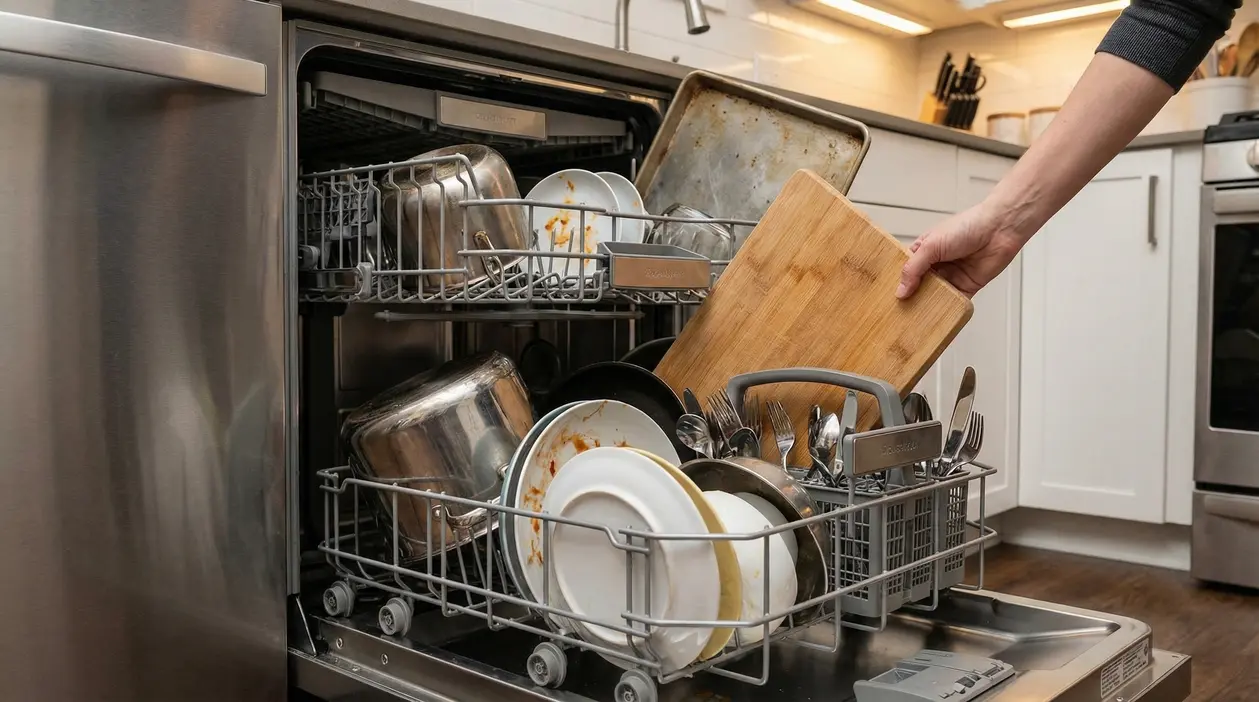 Una persona carica utensili da cucina sporchi in una lavastoviglie aperta in una cucina moderna