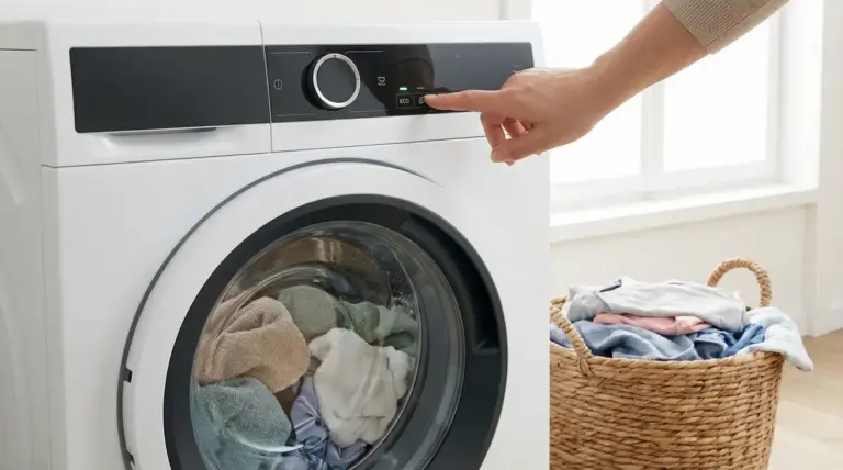 Una persona seleziona il programma eco su una lavatrice con panni all'interno