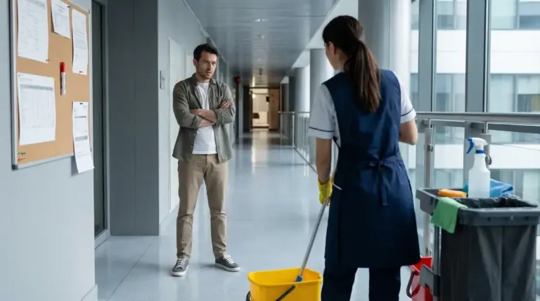 Uomo e donna delle pulizie discutono in un corridoio condominiale