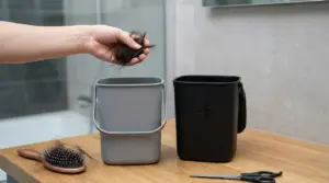 Mano che getta capelli tagliati in un bidoncino per la raccolta differenziata in bagno