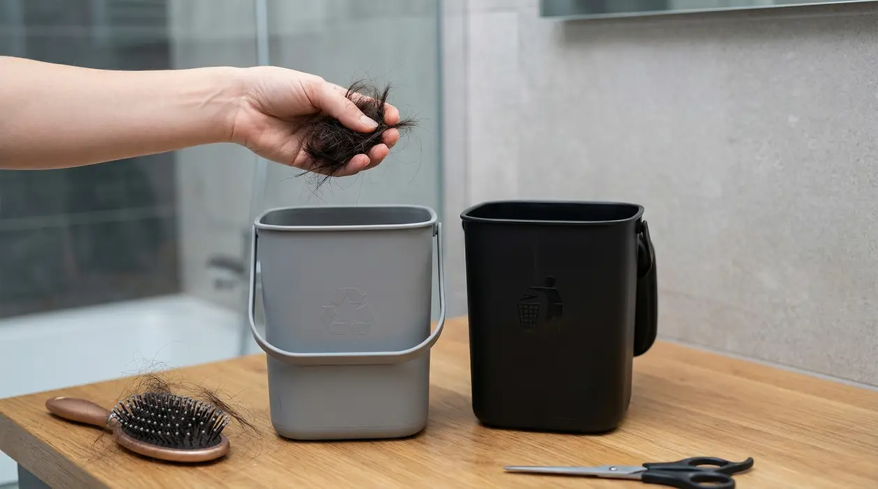Mano che getta capelli tagliati in un bidoncino per la raccolta differenziata in bagno