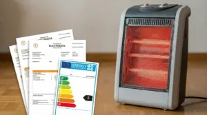 Stufetta elettrica accesa accanto a bollette della luce e un'etichetta energetica