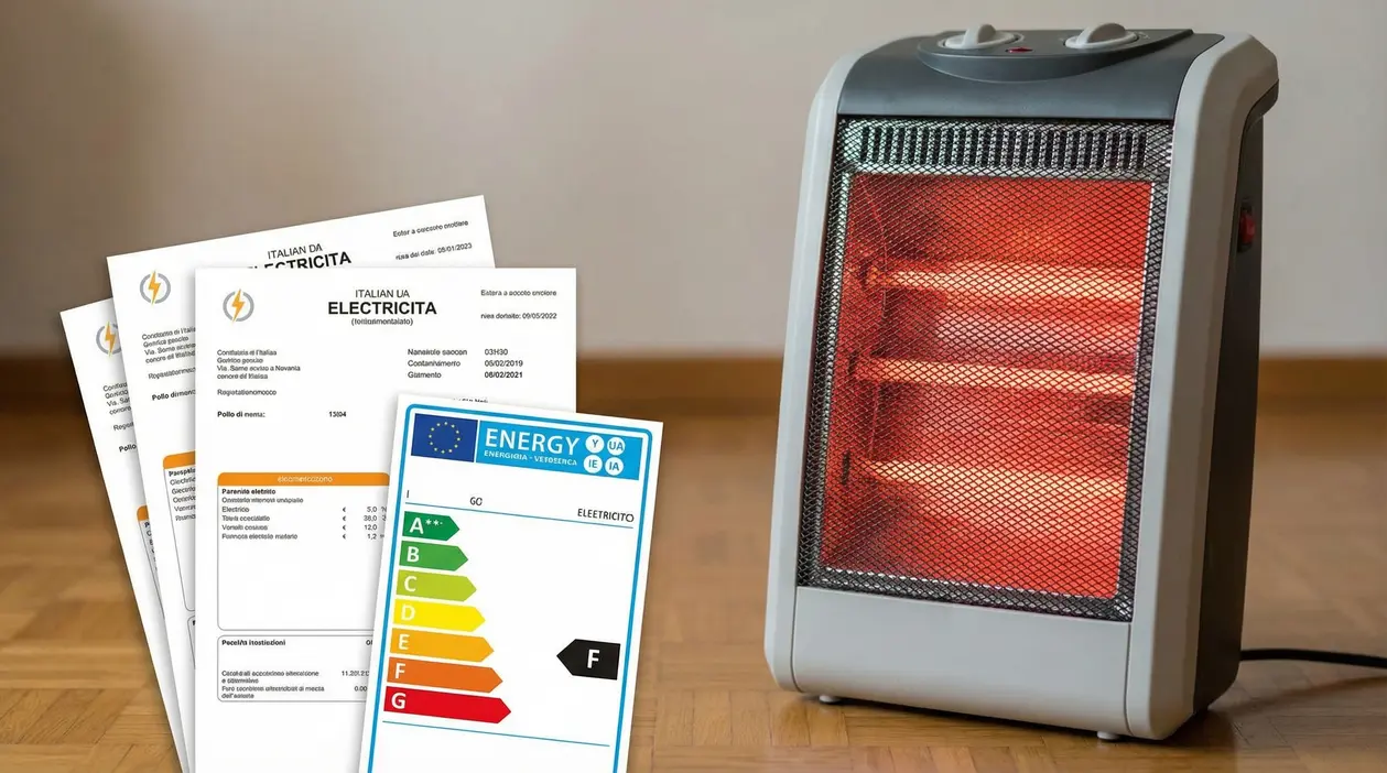 Stufetta elettrica accesa accanto a bollette della luce e un'etichetta energetica