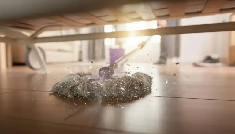Panno per la polvere in azione sotto un letto su un pavimento di legno