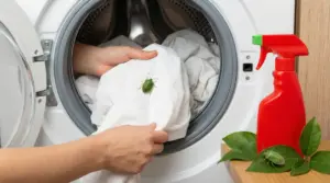 Mani che estraggono lenzuola bianche con una cimice verde da una lavatrice.