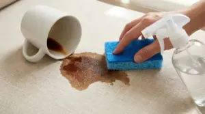 Una mano pulisce una macchia di caffè da un tessuto chiaro con una spugna e uno spray.