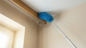 Scopa con manico telescopico che rimuove ragnatele da un angolo del soffitto