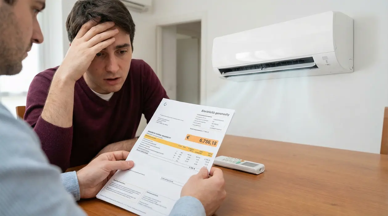 Due persone osservano preoccupate una bolletta elettrica vicino a un condizionatore acceso