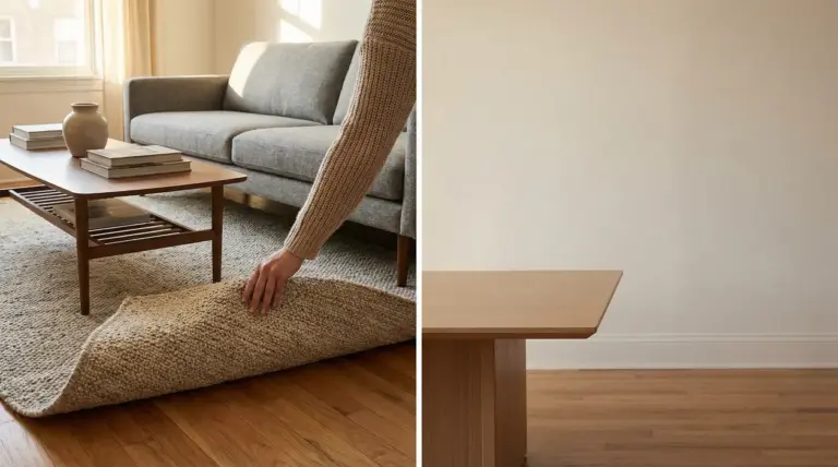 Salotto con divano grigio, tavolino in legno e tappeto chiaro su parquet