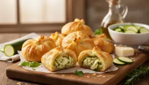 Fagottini di pasta sfoglia ripieni di zucchine e scamorza su tagliere di legno