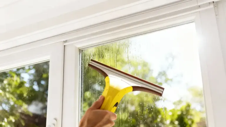 Una mano pulisce una finestra con un tergivetro giallo su vetro bagnato