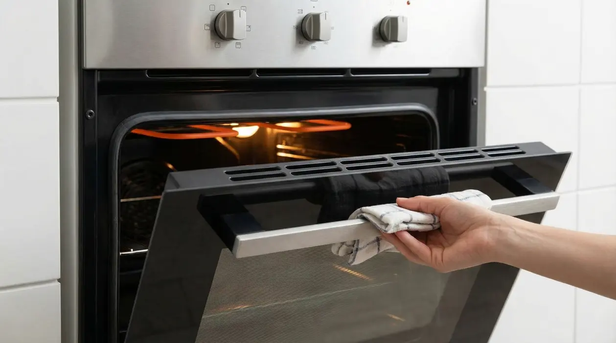 Una mano apre la porta di un forno da incasso acceso in una cucina moderna