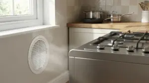 Foro d’areazione su una parete di cucina vicino ai fornelli e a una finestra