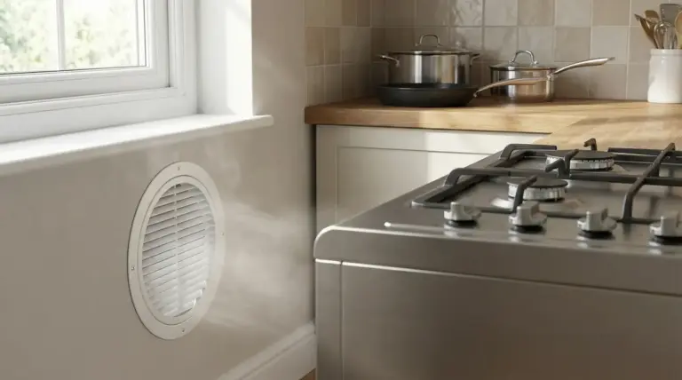 Foro d’areazione su una parete di cucina vicino ai fornelli e a una finestra