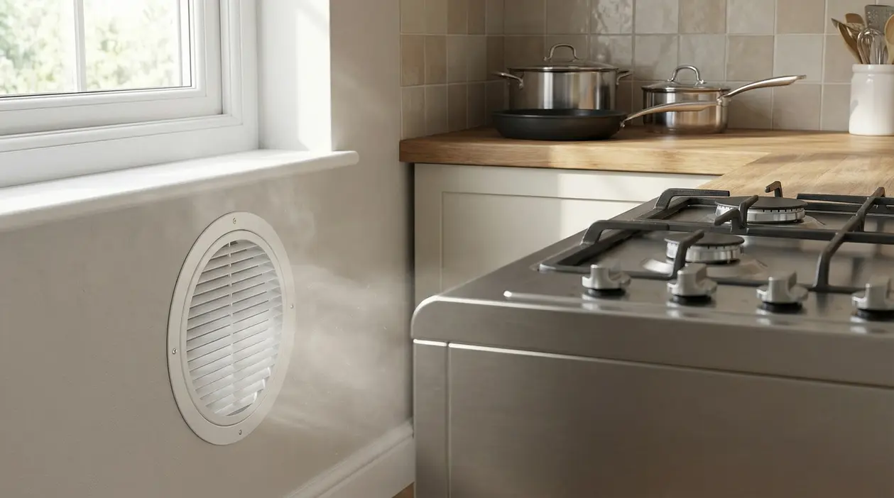 Foro d’areazione su una parete di cucina vicino ai fornelli e a una finestra