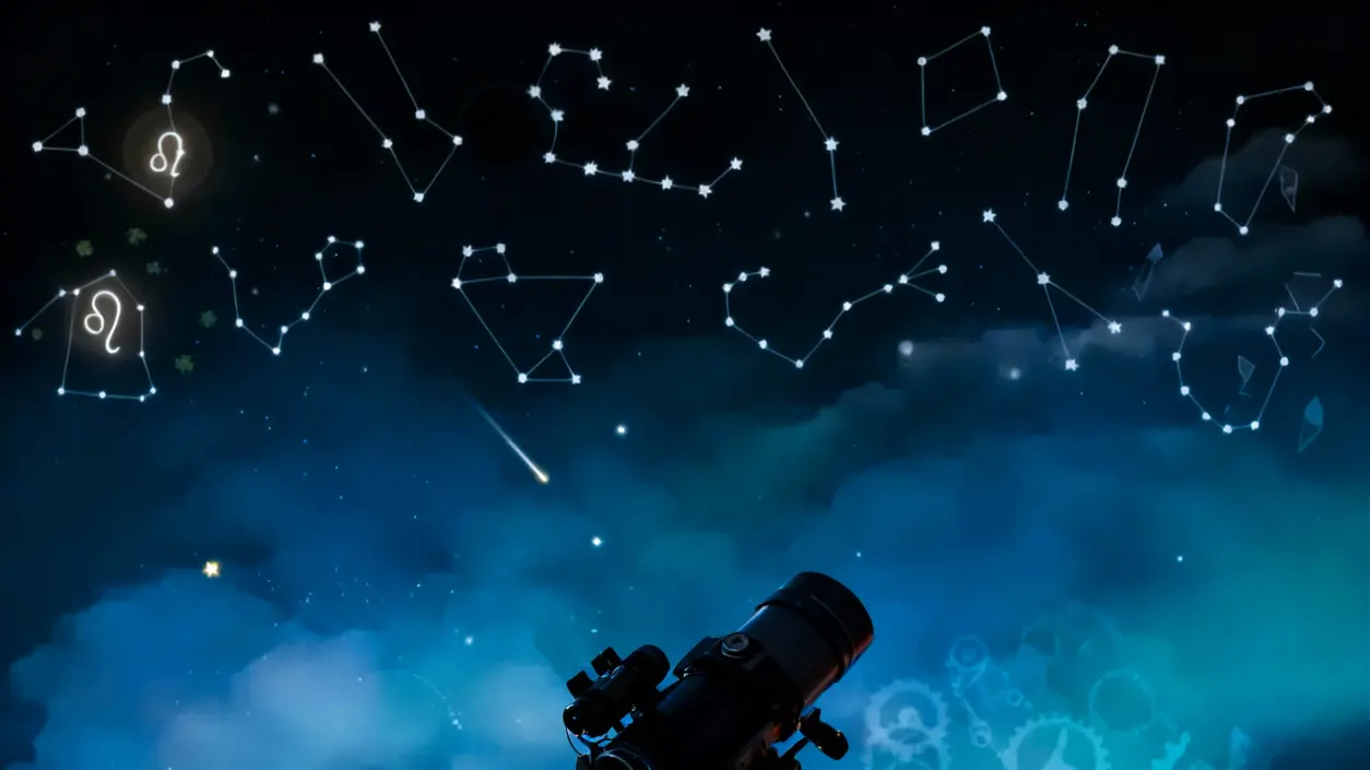 Telescopio puntato verso costellazioni zodiacali su cielo stellato
