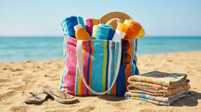 Borsa colorata con teli mare, creme solari e accessori su una spiaggia sabbiosa
