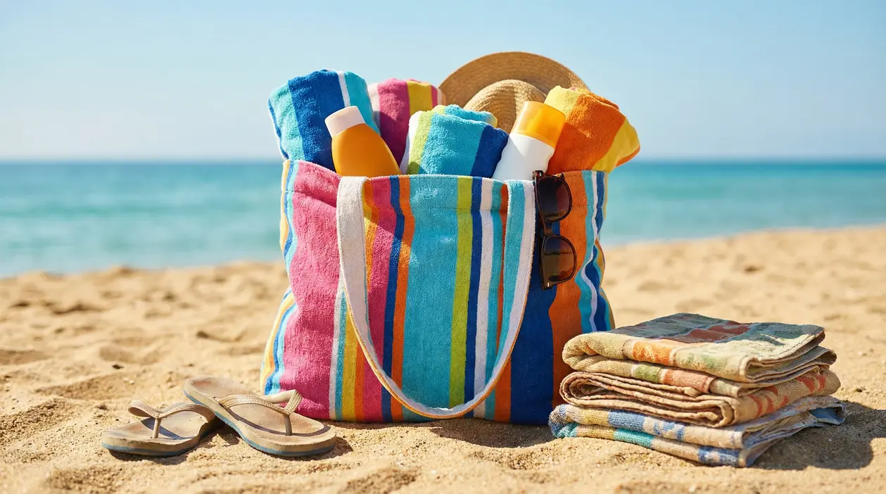 Borsa colorata con teli mare, creme solari e accessori su una spiaggia sabbiosa