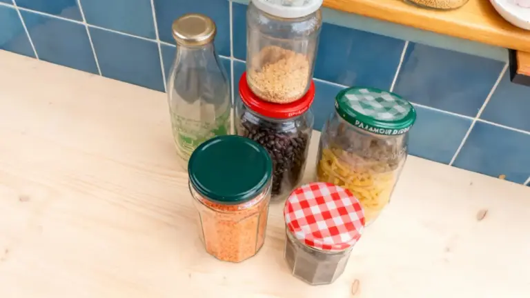 Vasetti riutilizzati contenenti legumi, pasta e cereali su un piano di cucina