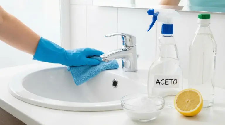 Persona con guanto pulisce un lavandino con panno blu e prodotti naturali come aceto e limone
