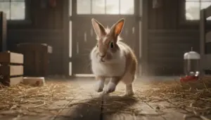 Coniglio domestico che batte le zampe su un pavimento di legno in una stalla illuminata