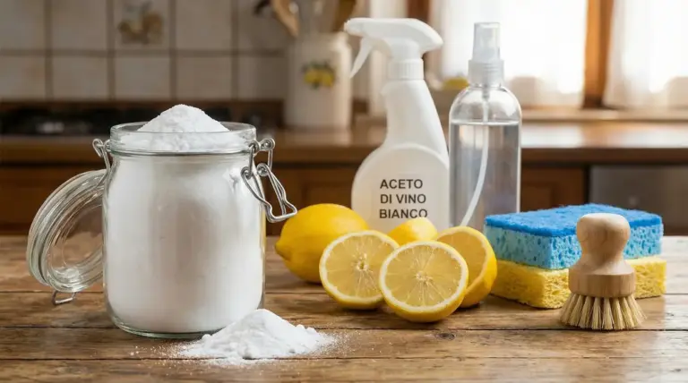 Barattolo di bicarbonato, limoni, aceto e spugne su un tavolo di legno in cucina