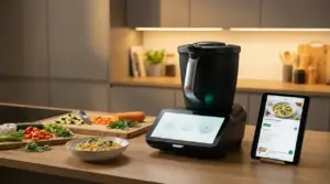 Un moderno robot da cucina su un piano di lavoro con ingredienti e tablet accanto