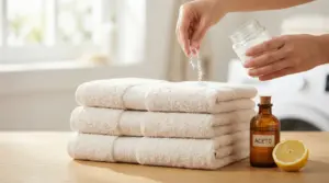 Mano che versa bicarbonato su asciugamani piegati accanto a bottiglia di aceto e mezzo limone