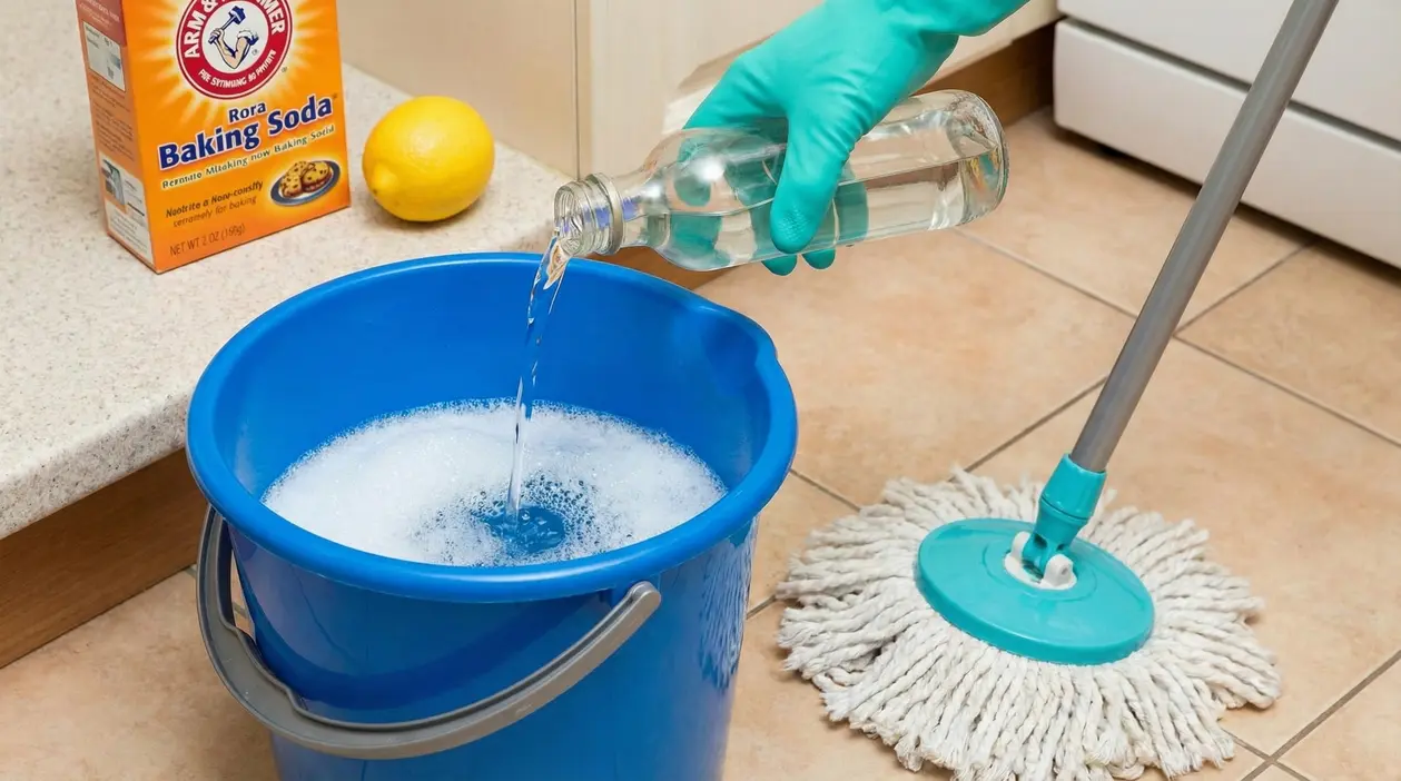 Una persona versa un liquido trasparente in un secchio con acqua saponata per pulire il pavimento