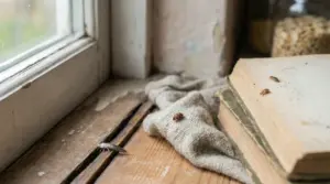 Insetti striscianti su un vecchio libro e un panno vicino a una finestra