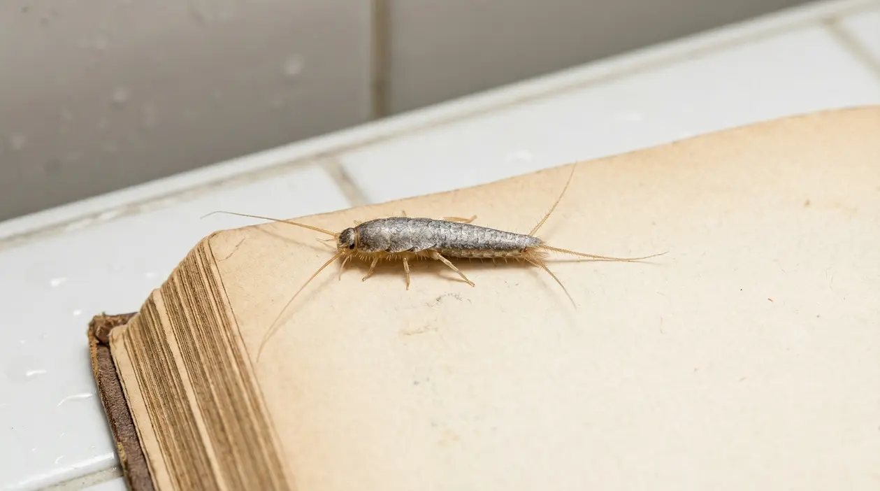 Un insetto argentato su un vecchio libro vicino a piastrelle di bagno
