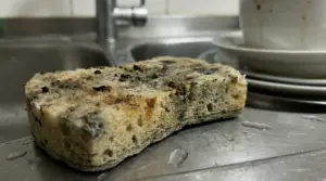 Spugna da cucina visibilmente sporca su un lavello accanto a piatti usati