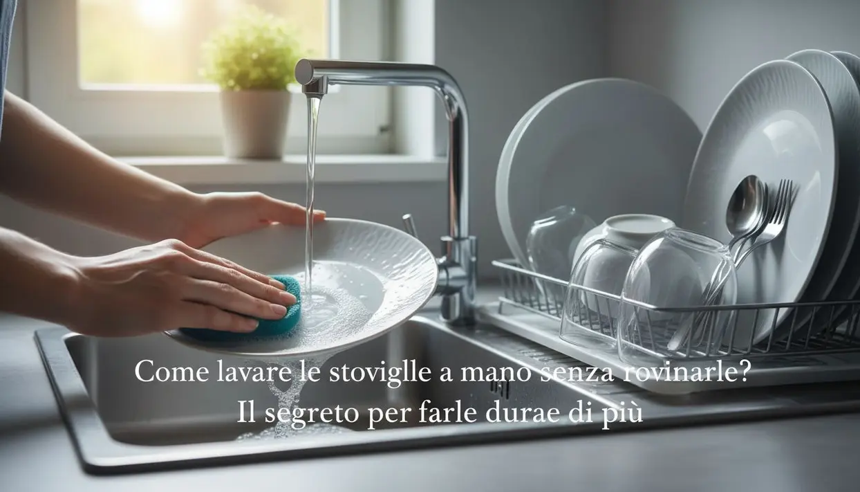 Persona che lava un piatto a mano sotto l'acqua corrente accanto a stoviglie pulite nello scolapiatti