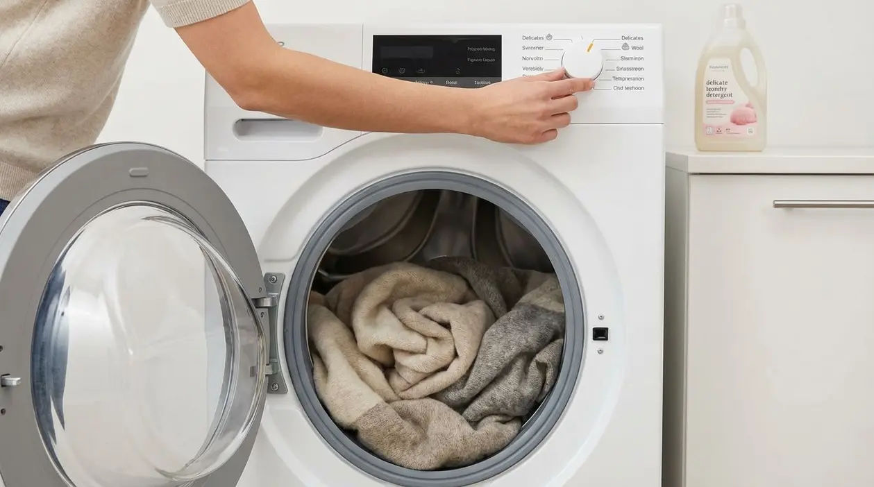 Una persona imposta il programma della lavatrice con coperte all'interno del cestello