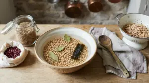 Ciotola con ceci in ammollo con alloro e alga, accanto a legumi secchi e cotti su un tavolo in legno
