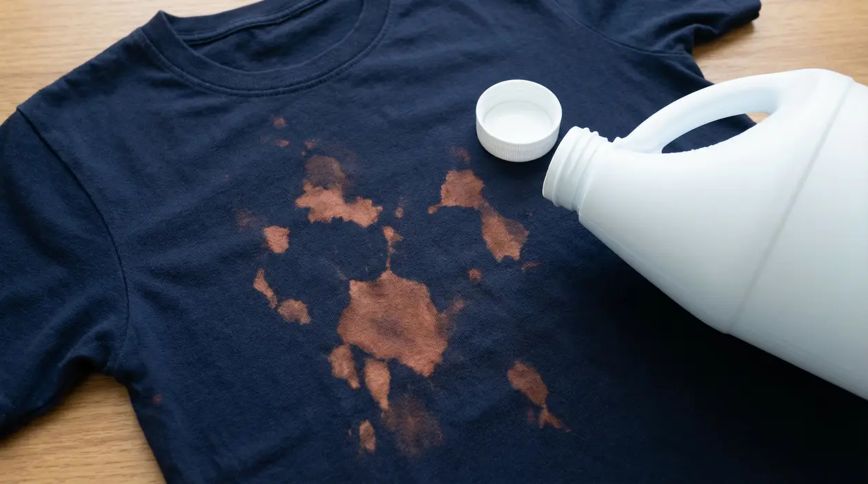 Macchie di candeggina su una maglietta scura accanto a una bottiglia di detergente aperta