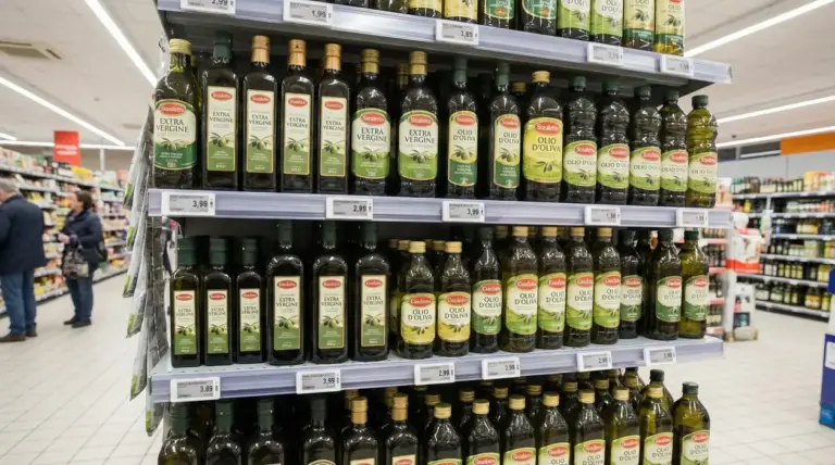 Scaffale di supermercato con diverse bottiglie di olio d'oliva in esposizione