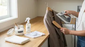 Persona che pulisce un blazer con ferro da stiro e spazzola, accanto a prodotti per lavaggio a secco fai da te