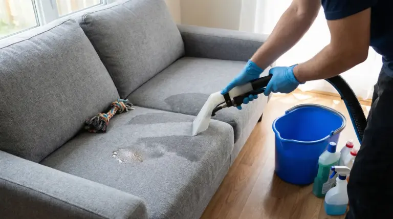 Persona pulisce un divano con un aspiratore per rimuovere una macchia