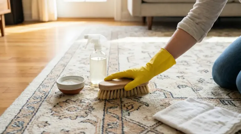 Persona pulisce un tappeto con spazzola, guanti gialli e prodotti naturali