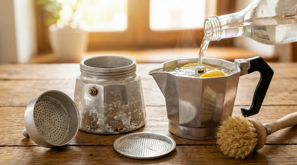 Moka in alluminio con calcare in fase di pulizia con acqua e limone