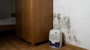 Muffa su una parete dietro un armadio di legno con deumidificatore accanto