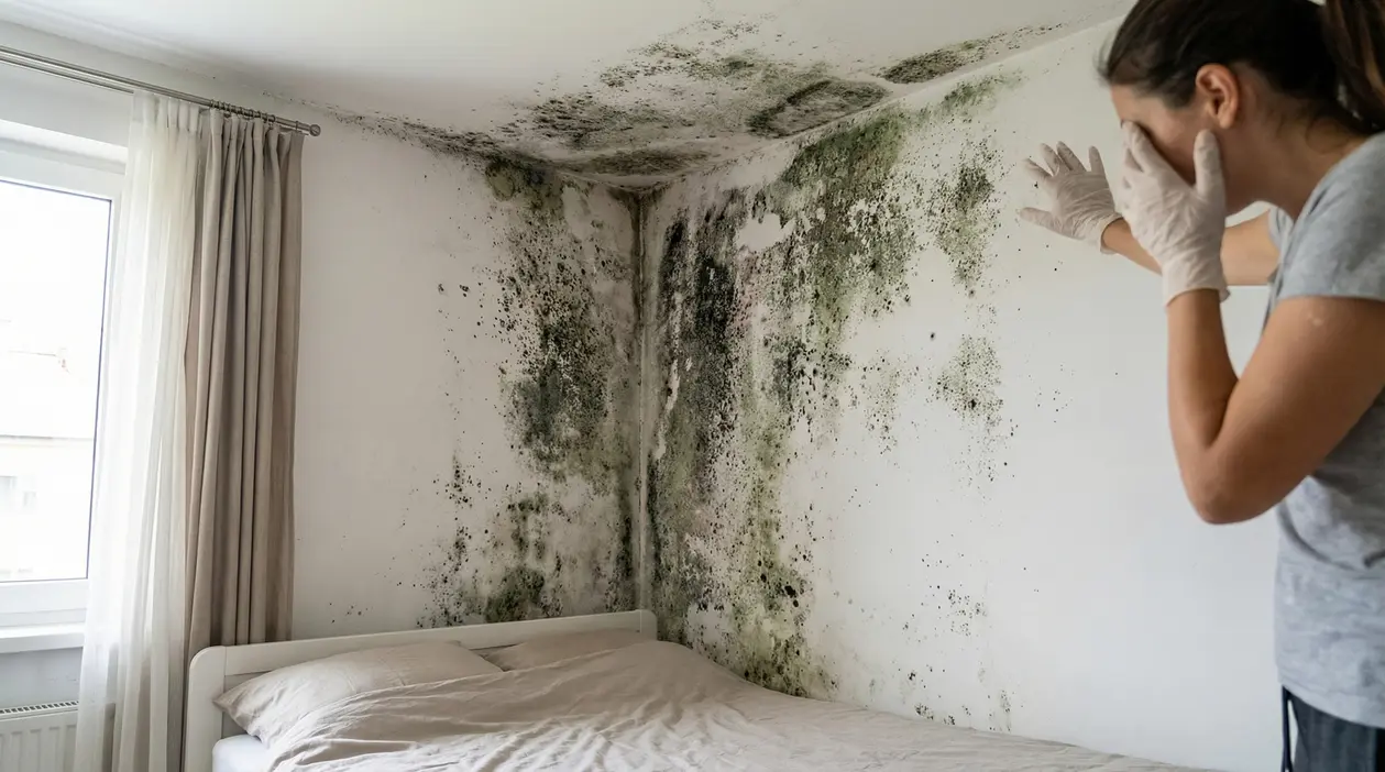 Persona davanti a una parete con grave formazione di muffa in una camera da letto