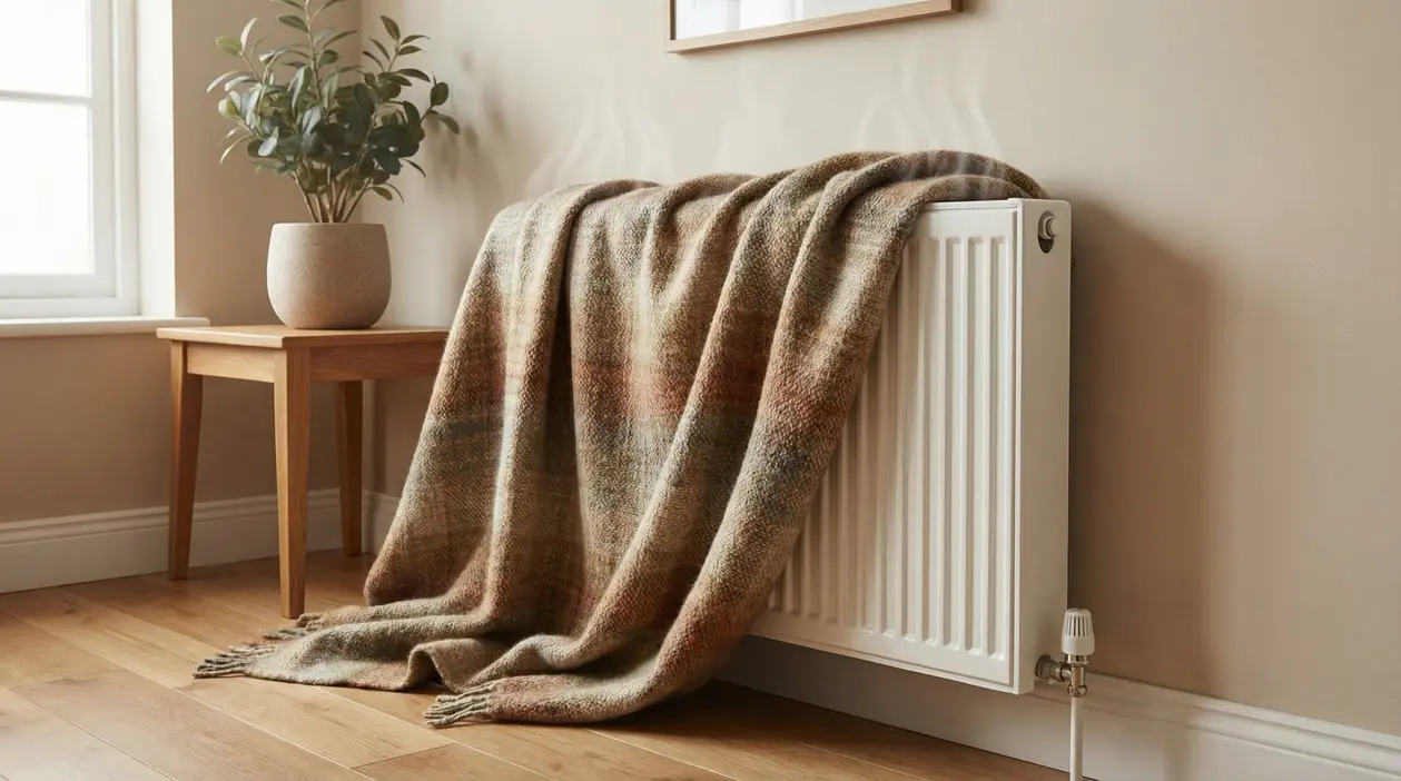 Termosifone coperto da una coperta in una stanza con pavimento in legno