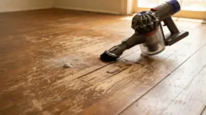 Aspirapolvere su pavimento in legno danneggiato con polvere visibile