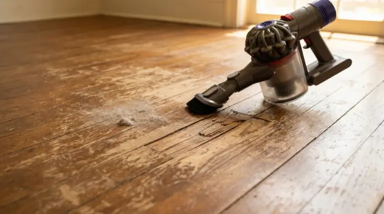 Aspirapolvere su pavimento in legno danneggiato con polvere visibile