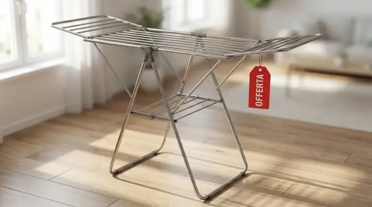 Stendibiancheria in metallo posizionato in un salotto luminoso con etichetta promozionale rossa