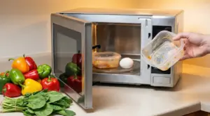 Contenitore di plastica e un uovo all'interno di un forno a microonde aperto
